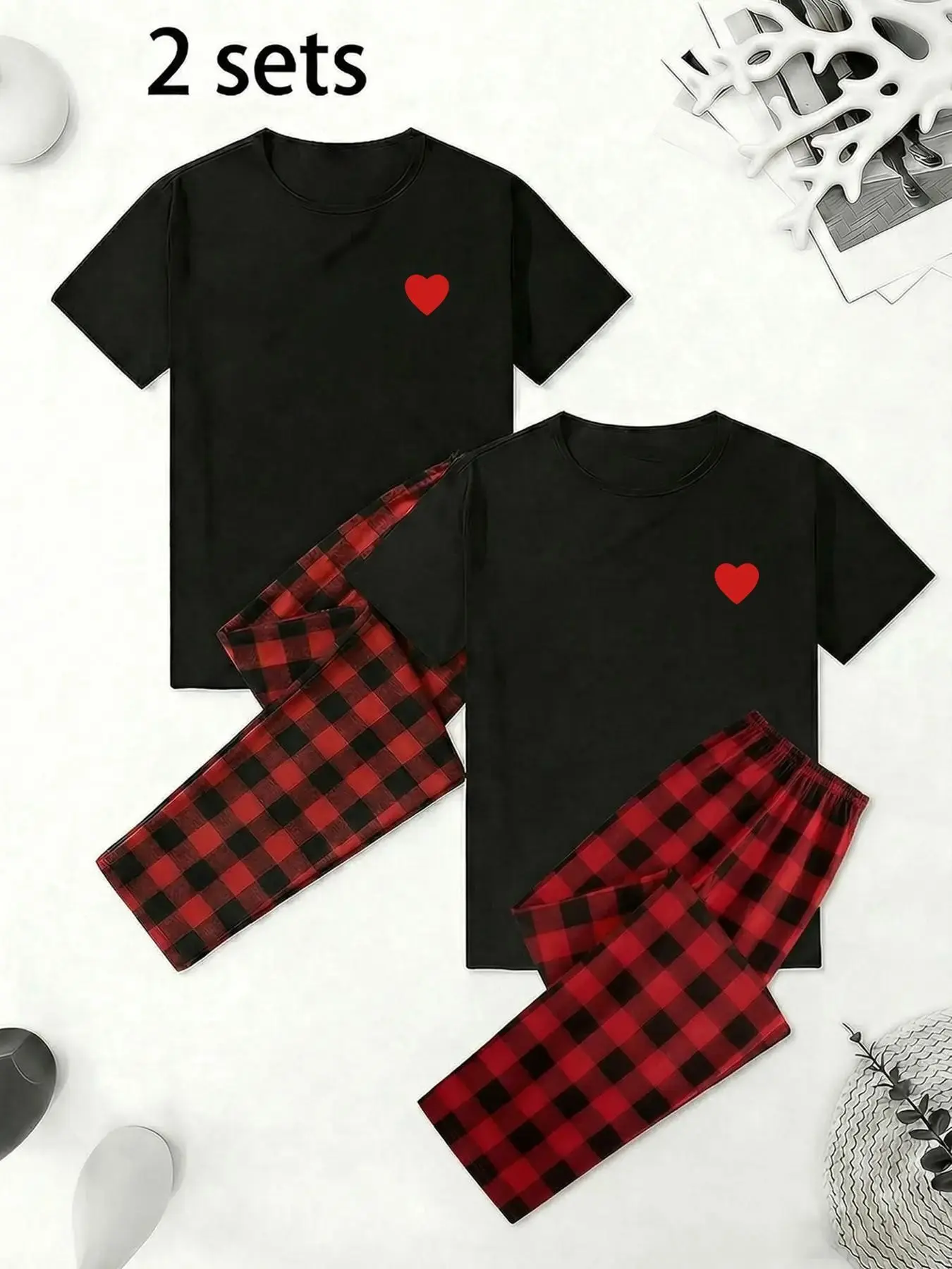 2 Pairs Couple Sleepwear Set, Round Neck Short Sleeve Heart Print T-Shirt, Plaid Loose-Fit Pants, Soft Home Wear, Clothes