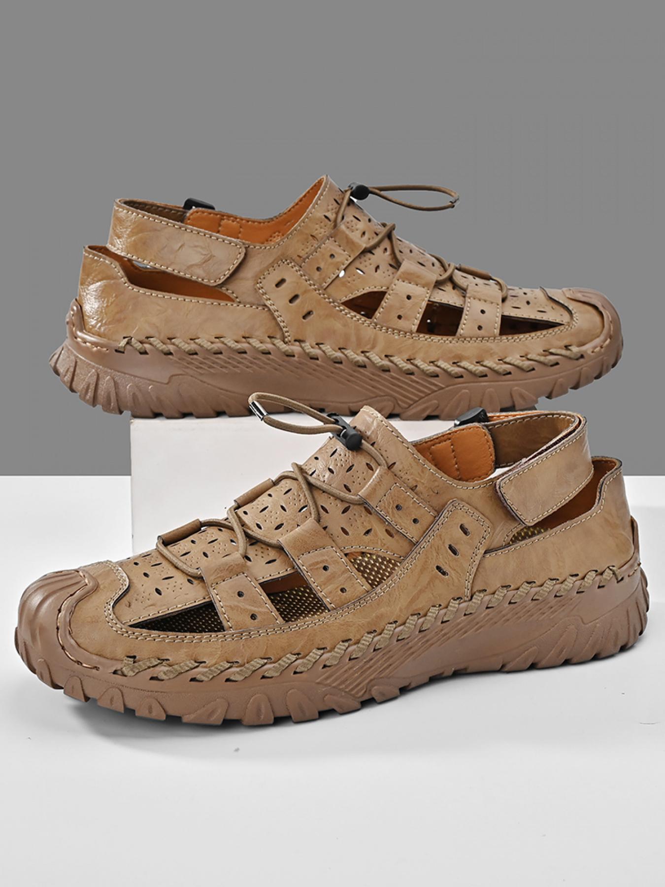 Men's Solid Color Hollowed-Out Closed-Toe Outdoor Sandals, Drawstring Velcro Non-Slip Beach Shoes, Hand-Stitched Thick-Soled Dad Shoes