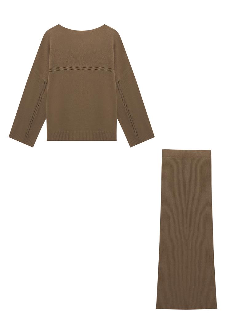 Women's Autumn Winter Knit Set, Casual Loose Fit Long Sleeve Top and Skirt Two-Piece, Romantic Date, Natural Waist