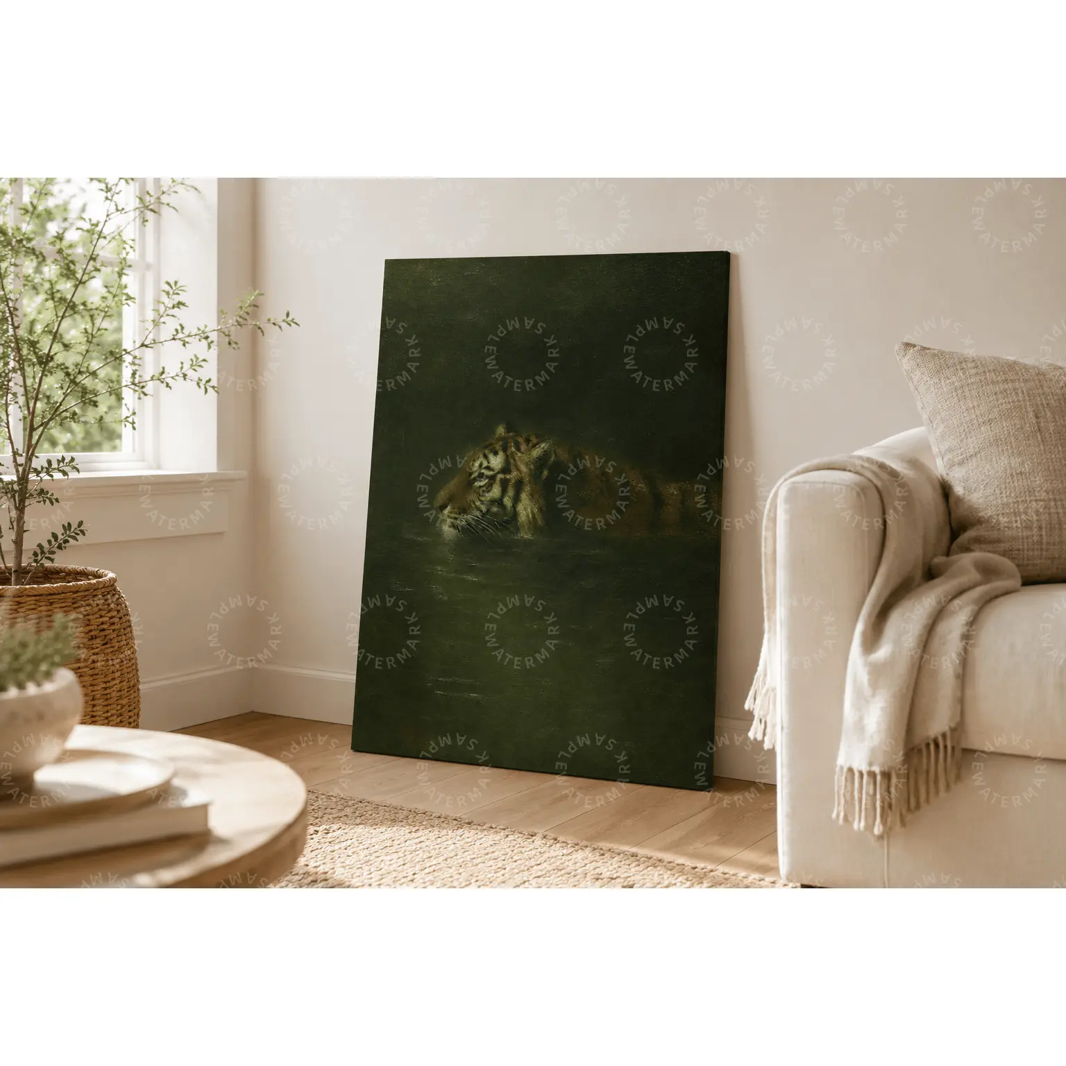 Dark Green Swimming Tiger Canvas Poster - HD Quality Artistic Print, Moody Wildlife Artwork, Home Decoration for Living Room, Nature Lover Gift