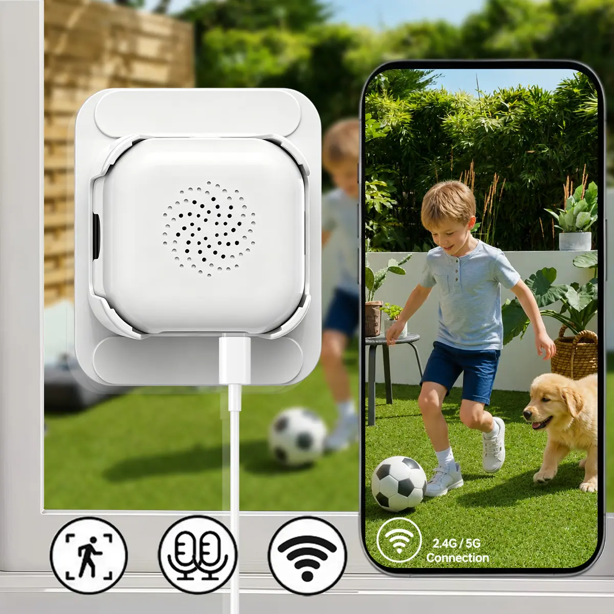 Smart Window Camera for Home Security, Stick-On Indoor Installation with 2K HD Recording, Through-Window Monitoring, Full Color Night Vision, Human/Motion Detection and Remote Siren Alarm
