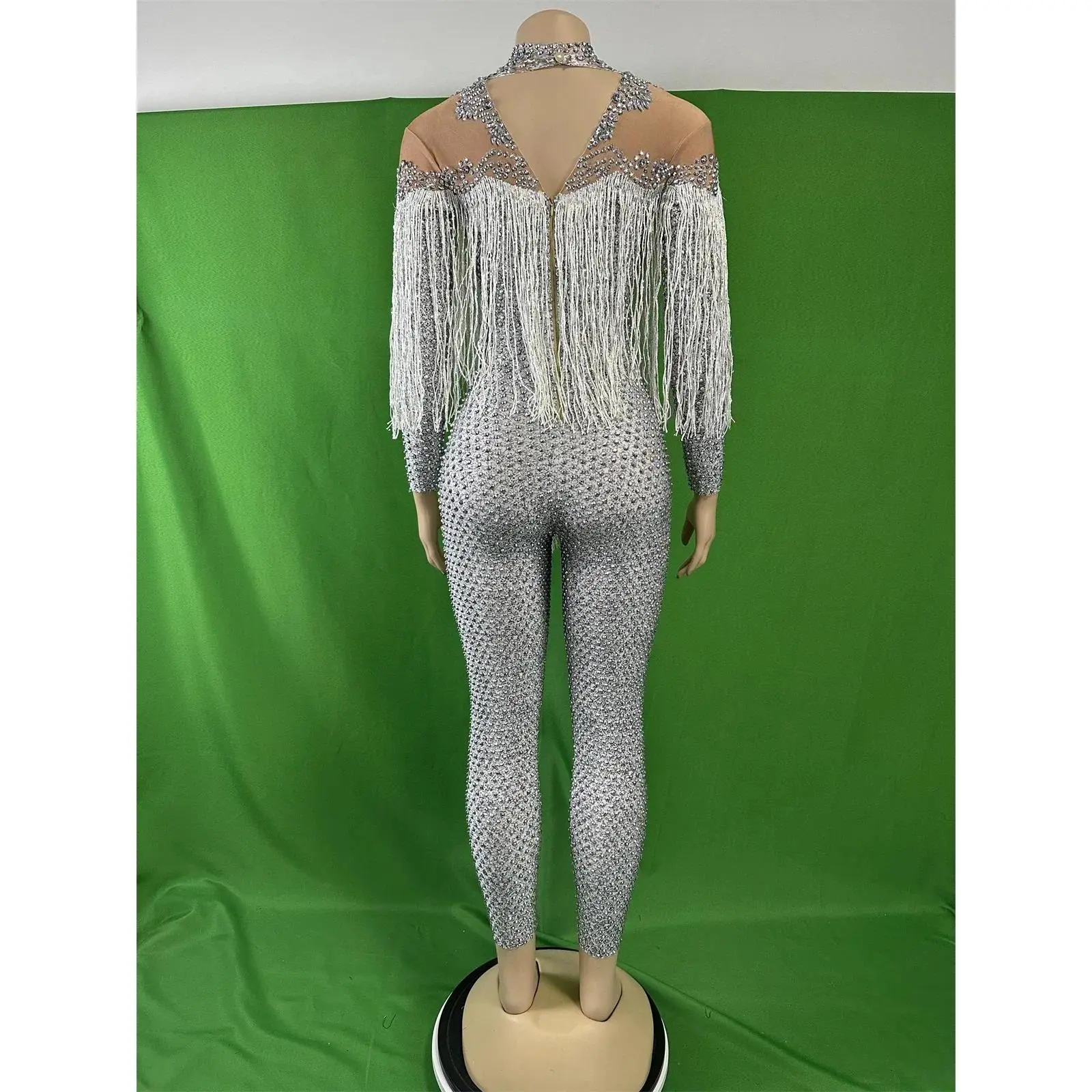 Stunning Full Rhinestone Women Stretch Spandex Fringe Silver Jumpsuits