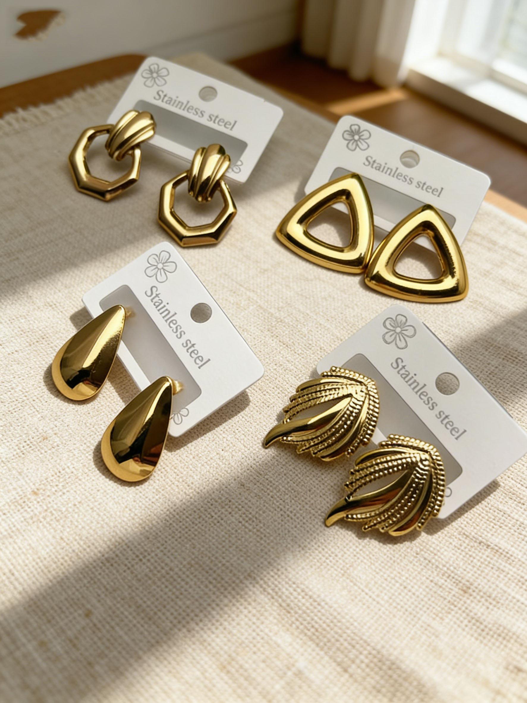 18K Gold Plated Stainless Steel Earrings Multipack, Geometric Triangle Heart Drop Earrings, Lightweight Hypoallergenic Fashion Jewelry for Sensitive Ears