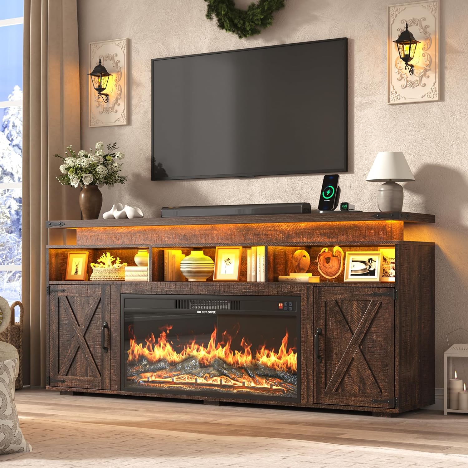 【2Packages Shipping】70.8" Farmhouse Fireplace TV Stand for TVs up to 80" with 36" Electric Fireplace, 32" Tall Entertainment Center with Power Outlet/LED Lights, Media Console w/Sliding Barn Door for Living Room