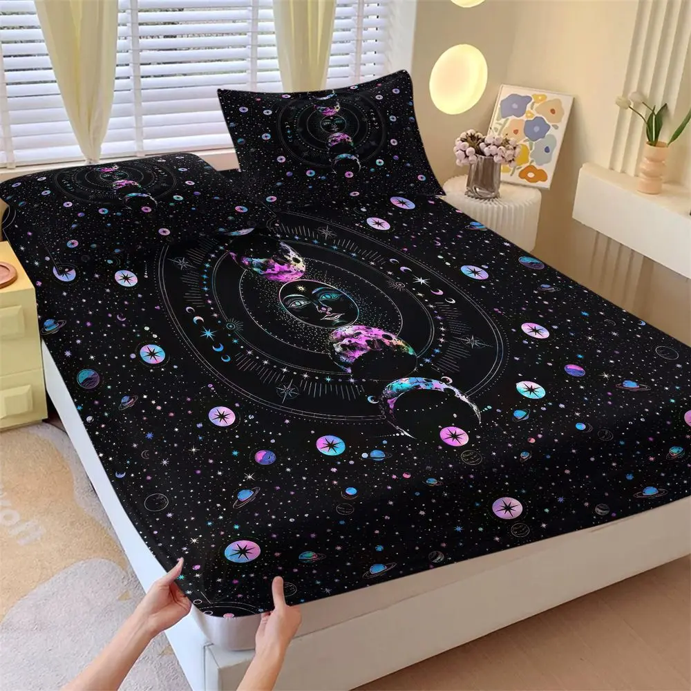 3Pcs Celestial Moon Phase Bed Sheets Set, Galaxy Space Bedding Set, Magical Tarot Style Fitted Sheet Set, Soft Microfiber Bed Cover for Bedroom Decor, Boho Starry Night Home Bedding No Fillers
