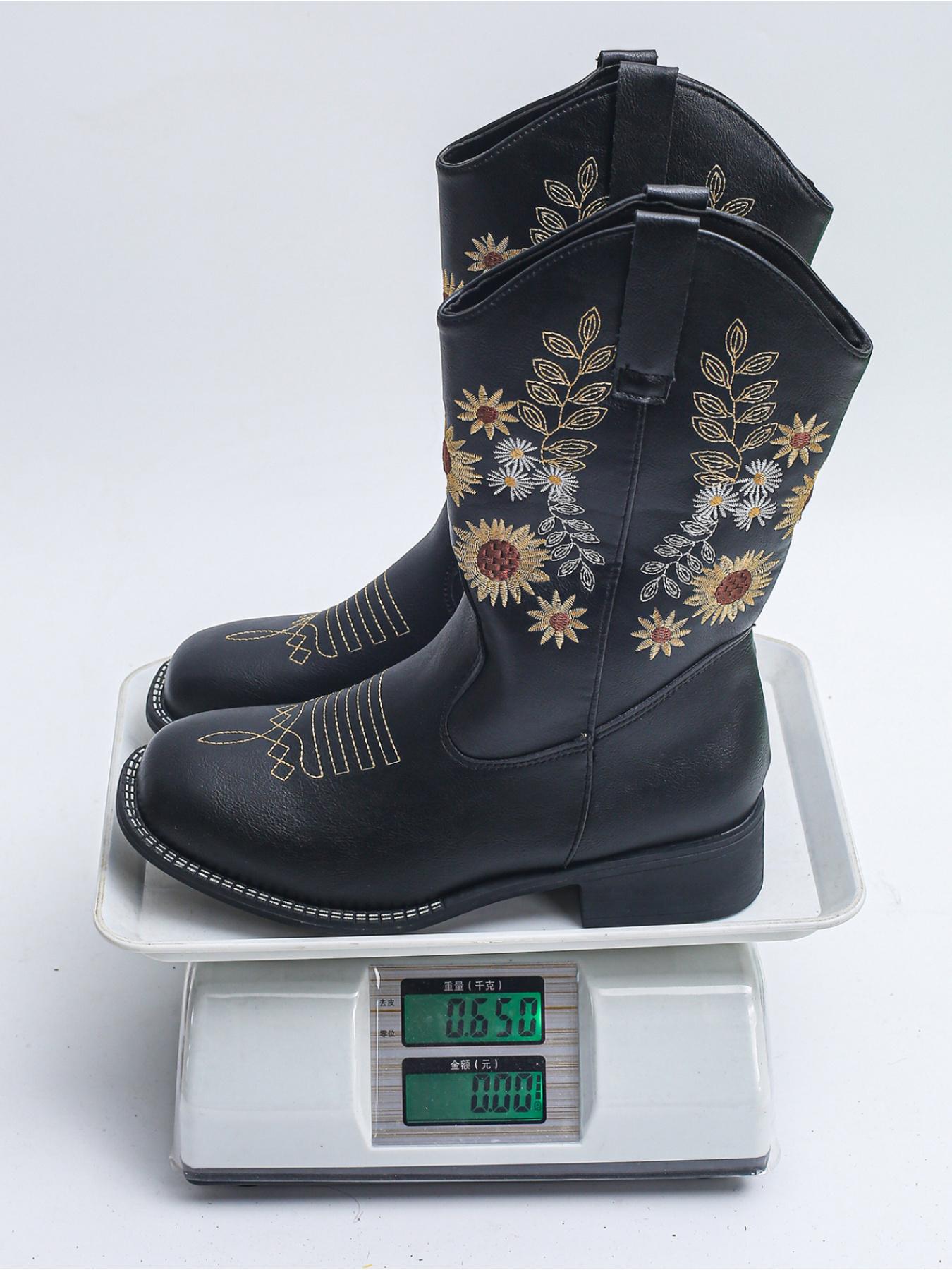 Women's Sunflower Floral Embroidery Mid-Calf Boots, Round Toe Low Heel, Vintage Western Classic Style, Daily Commute Party Fashion Shoes