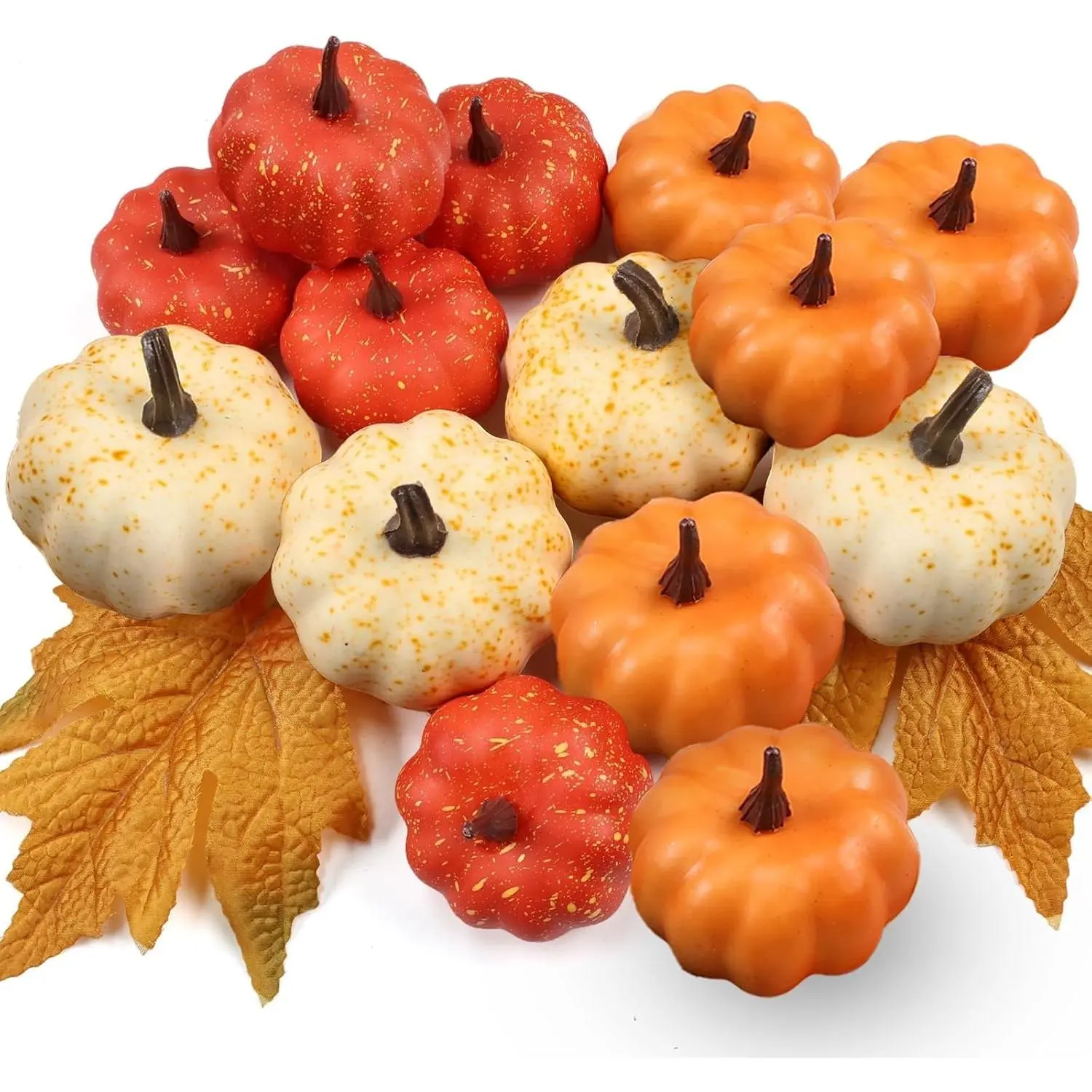 16PCS Artificial Mini Fake Pumpkins Set with Fall Leaves,Foam Plastic Carvable DIY Small White Craft Pumpkins Decor for Thanksgiving Halloween Home Fall Porch Table Decor