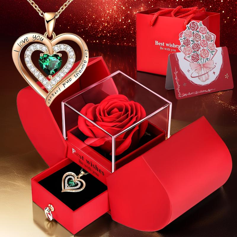 Rose Party Gift Box with Love Heart Necklace, 1 Set Romantic Rose Gift Box with “I Love You” Jewelry Necklace, Gift for Mom, Wife or Girlfriend, Birthday Gift