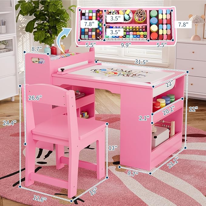 49" Art Table, Large Craft Table with 2 Chairs, Multi-Functional Art Desk with Storage Shelves for  Playroom,School