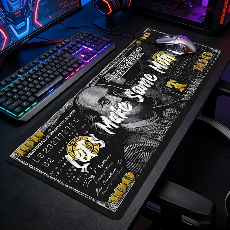 Motivational Money Slogan Large-Sized Gaming Mouse Pad, Dollar Bill Art Desktop Protection Pad, Anti-Slip Rubber Lock Edge High-Definition Printing, Suitable For Computers, Laptops, Offices, Homes, Schools, Great Gift For Family And Friends
