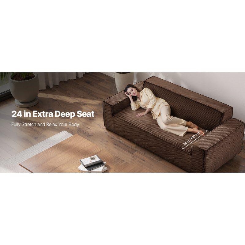 VEVOR 3-Seater Sofa in a Box, 83-Inch No Assembly Corduroy Couch with Memory Foam, Deep Seats for Living Room, Apartment, or Office, Brown