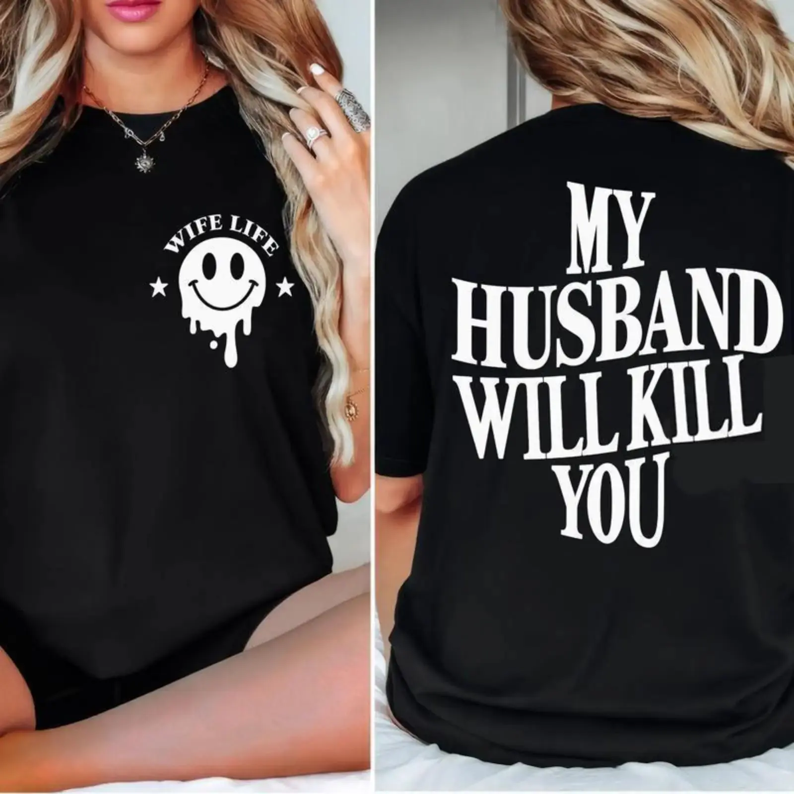 Relaxed Fit Casual Short Sleeve Tee with Printed Craft, Soft Breathable Womens Summer Clothing, Funny Wife Life Front Back Graphic Shirt, Trendy Summer Outfits Women, Fashion Daily Wear Top Perfect For SummerVibes, Eye-Catching Slogan Design Everyday Appa