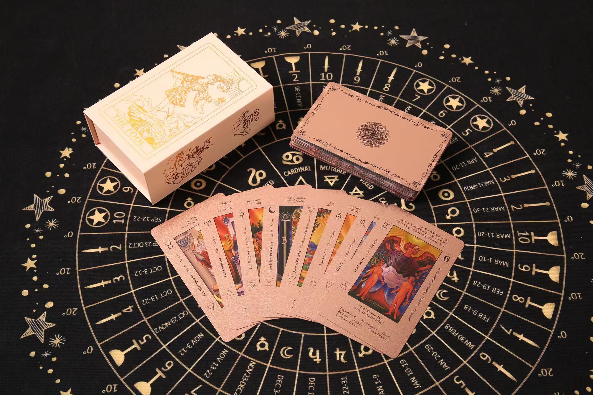 SDIK&SSIK Rose Gold Tarot Cards, Waterproof Wrinkle Resistant Foil Deck, with Guide Book, Suitable for Beginners, Including Chakras Planets Zodiac Signs Elements & Affirmations