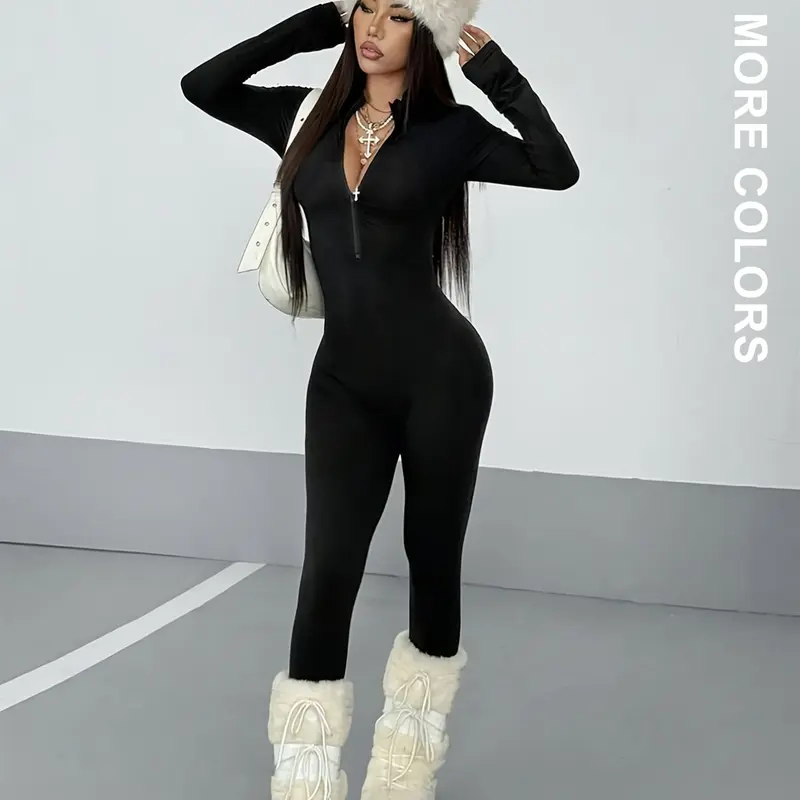 Women's Spring Autumn Street Style Solid Color Long Sleeve Half Zip Jumpsuit, Modern Fashion Slim Fit Premium Fabric Pants