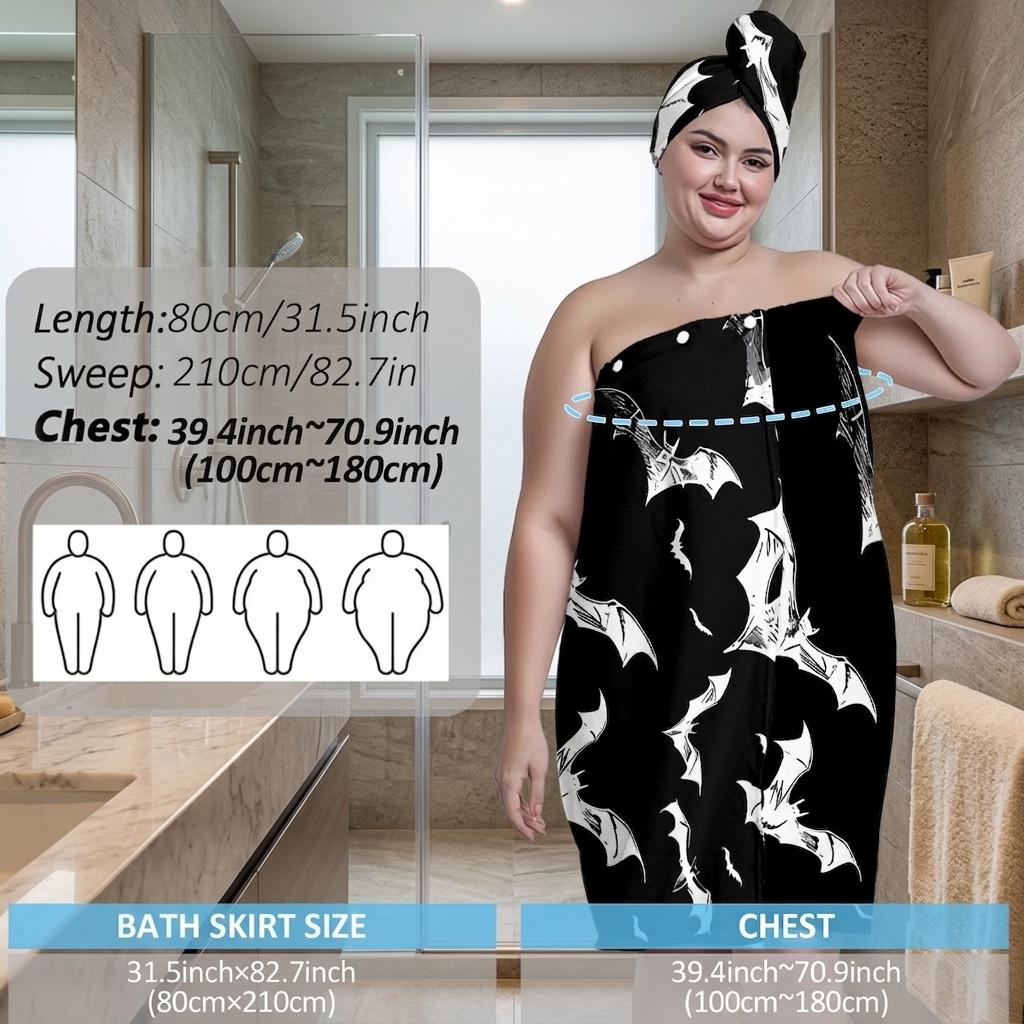 2 Pcs Halloween Bat Print Bath Skirt Set, Premium Towel Set, Non-Slip Absorbent Wearable Towel, Sizes M‑XXXXL, Ideal for Spa, Beach, Festive Events