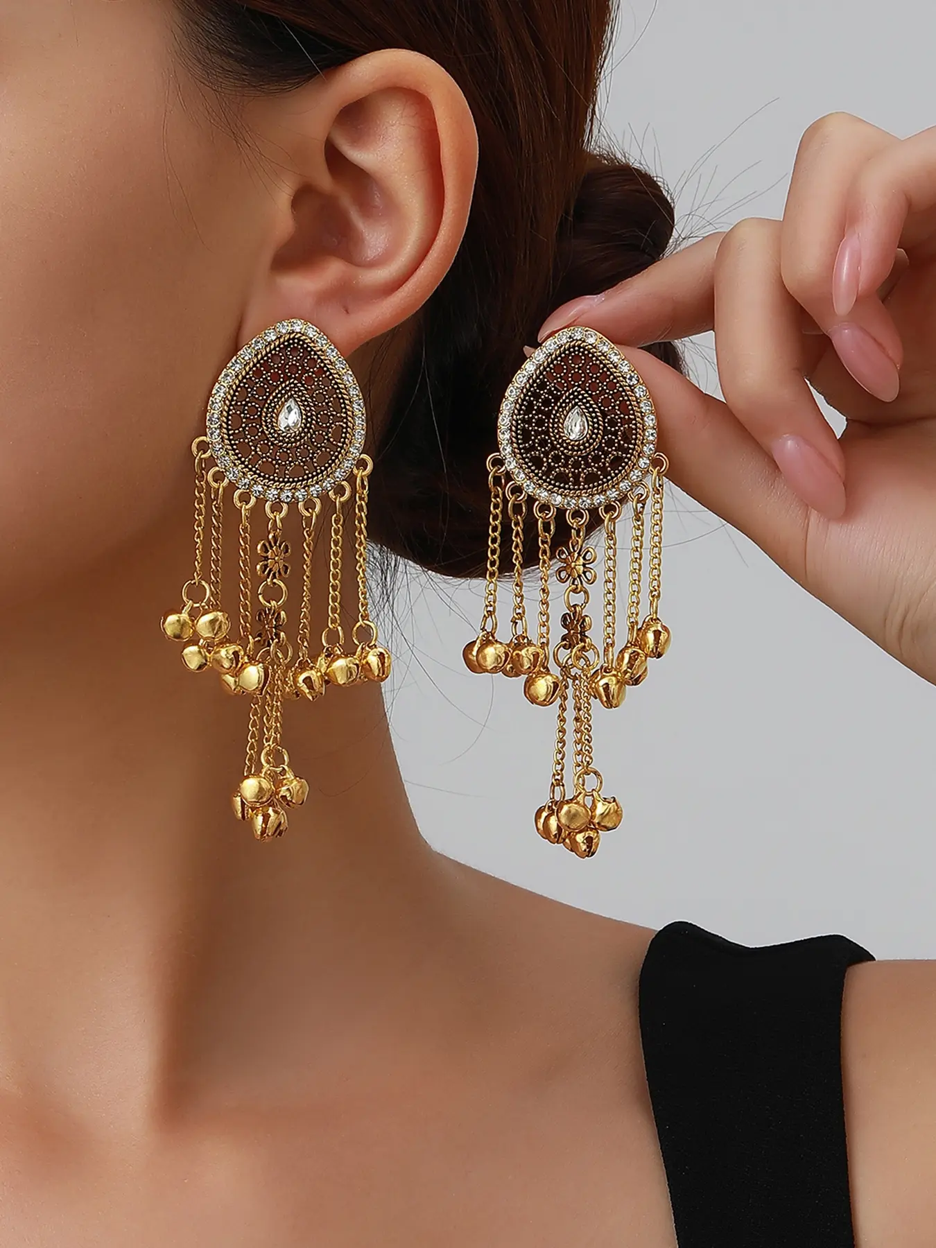Vintage Teardrop Bell Fringe Earrings, Indian Ethnic Style Antique Long Dangle Earrings, Fashion Dangle Earrings, Travel Photography Accessories