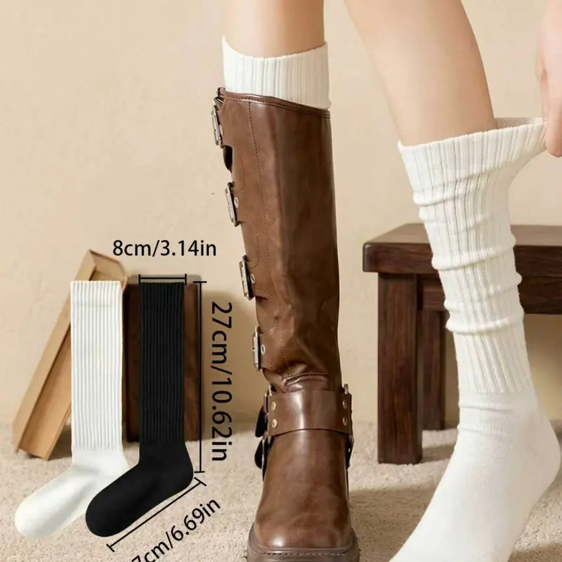 2 Pairs Women's Vertical Stripe Mid-Calf Socks, Slim-Fit Plain Color Socks, Preppy Style for Fall & Winter, Warm Socks