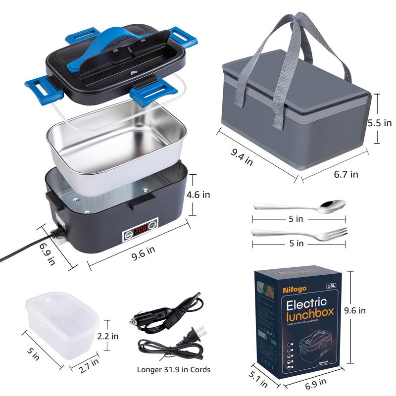 Nifogo Electric Lunch Box Food Heater for Adults, 12V/24V/110V Portable Heated Lunch Box with Fork & Spoon, Insulated Carry Bag - Springtok Tableware Warmer 80W/1.8L/Black+Black 80W/1.8L/Black+Black lunch box kids bento box 80W/1.5L/Black