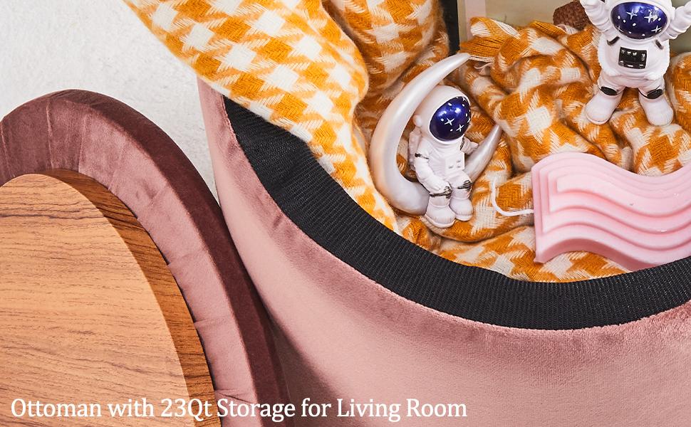 Velvet 23Qt Storage Ottoman Multipurpose Footrest Stool with Metal Base Modern Round Vanity Stool Chair Ottoman Foot Stools Support 300lbs Padded Seat for Living Room & Bedroom, Autumn, Winter, Warm