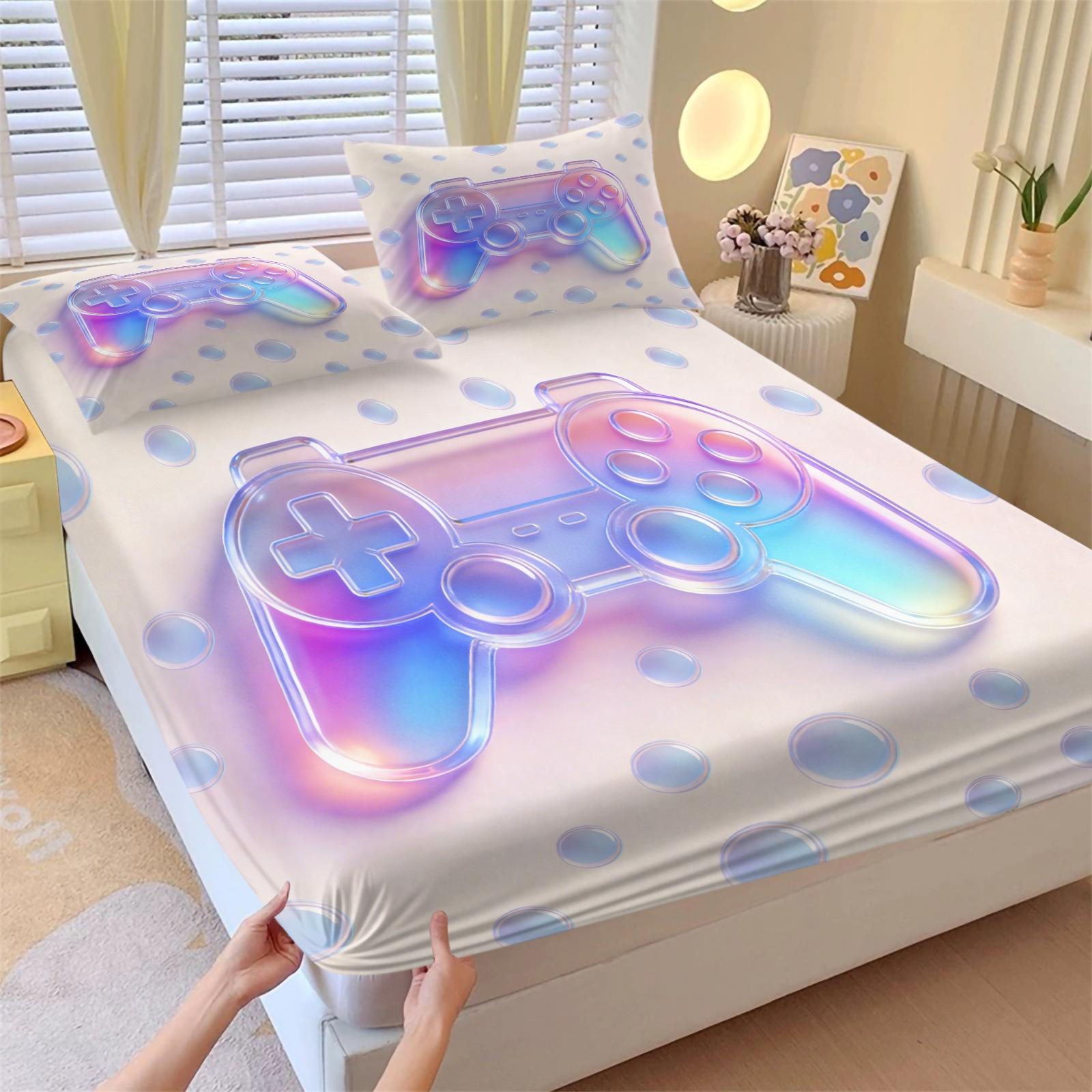 3-Piece Laser Game Controller Bed Skirt Set Fitted Sheet Set, Soft Breathable Fabric, Non-Slip Design, Perfect for Gaming Room, Sweet and Cool Sleep Setup