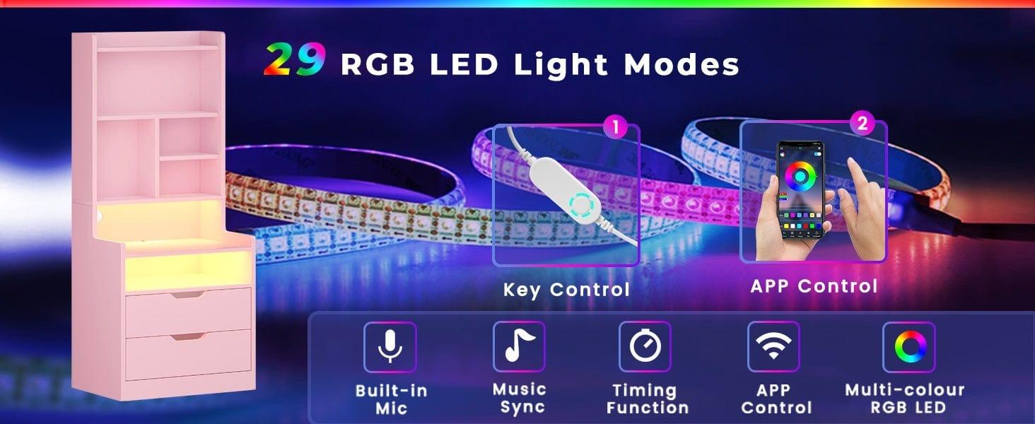 Sikaic LED Tall Nightstand with Bookshelf Charging Station Pink Modern Bedside Table with 2 Storage Drawers and Open Storage Space night light gift for teen girl