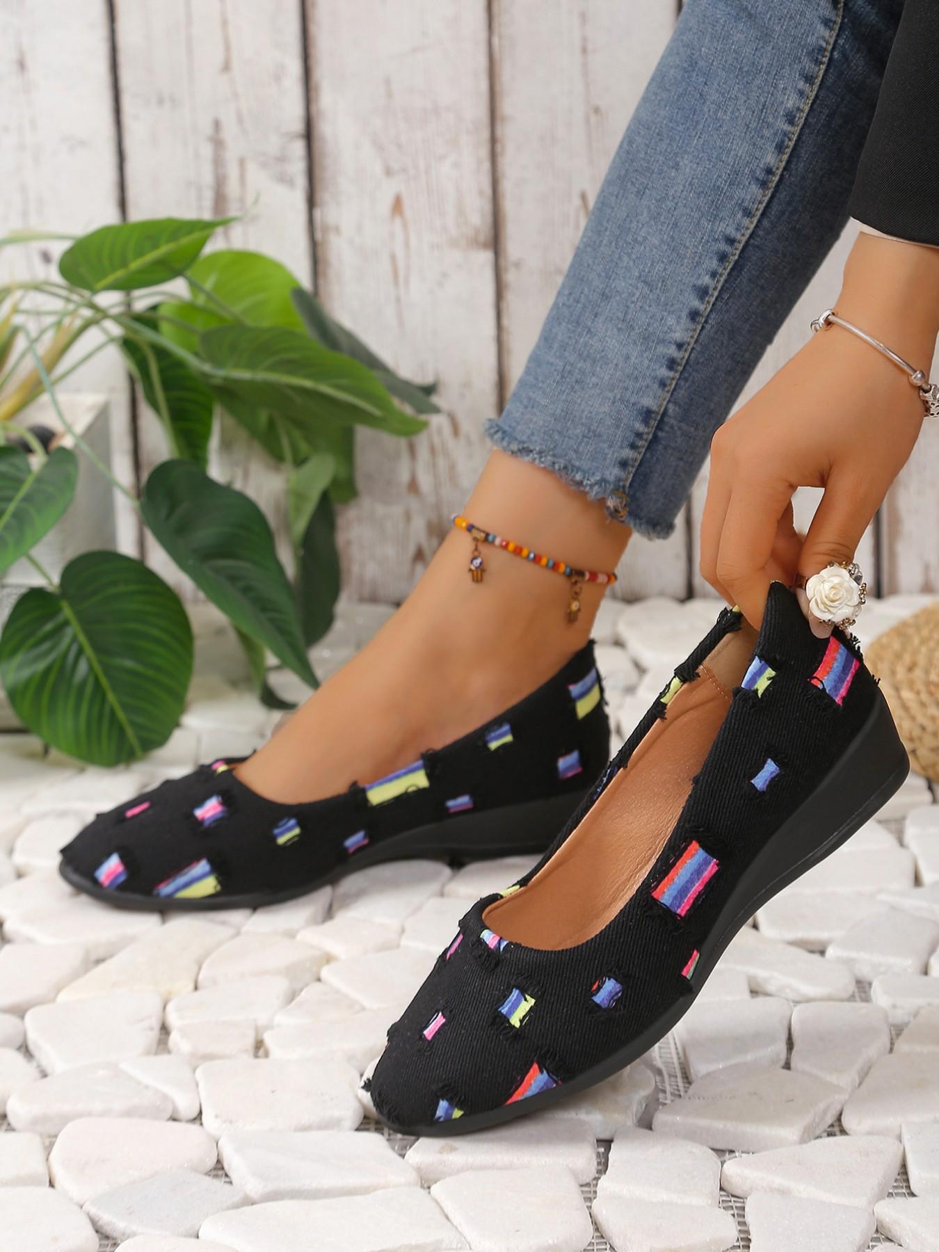 Women's Vintage Ripped Denim Wedge Sandals, Ditsy Floral Textile Upper, Rubber Sole, Casual All-Season Footwear, Breathable & Slip-On