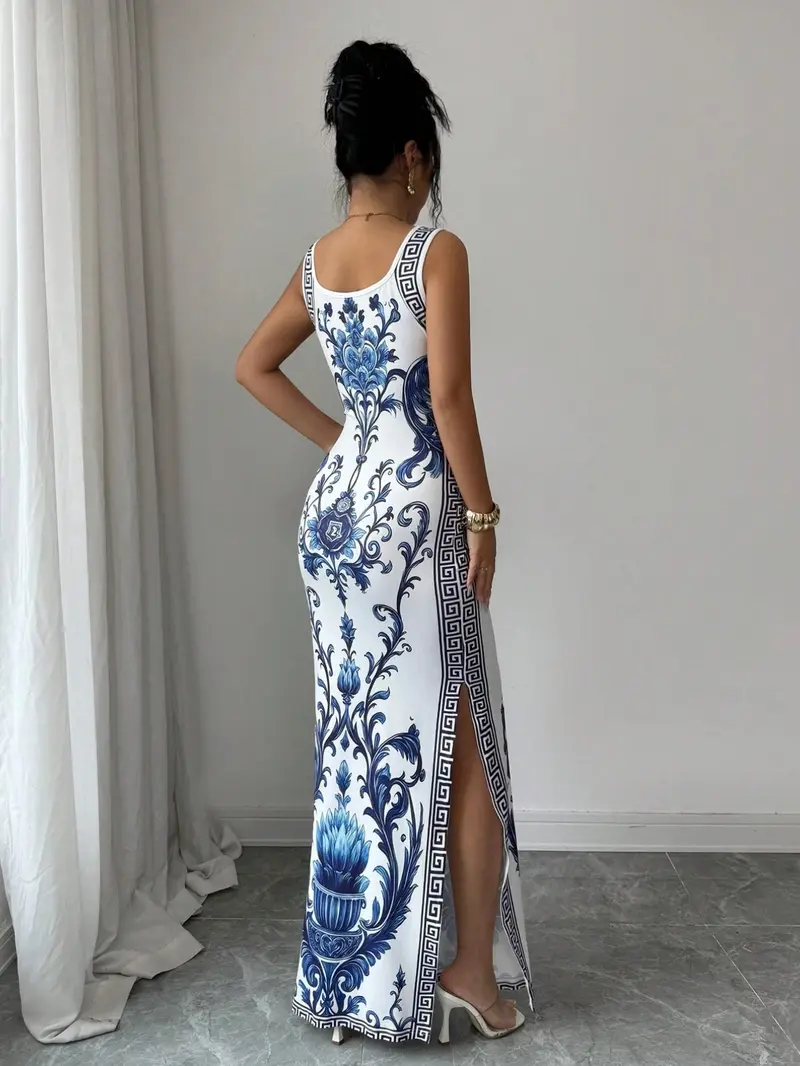 Elegant Printed Chinese Style Belted Split Hem Luxurious Chic Vintage Middle Eastern Uae Robe Gowns, New Arrival Maxi Print Dress Clothes
