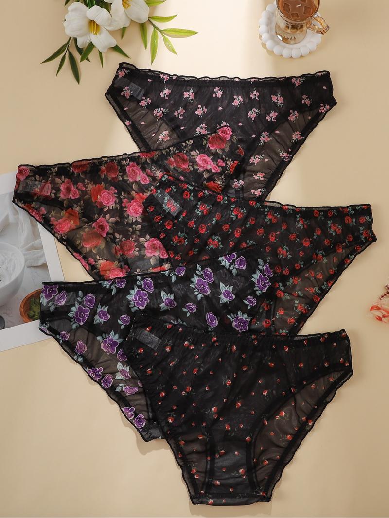 【Plus Size】 Floral Print Panty, Breathable Comfortable Panties for Daily Wear, Women's Underwear for All Seasons, Fashion Comfy Underwear