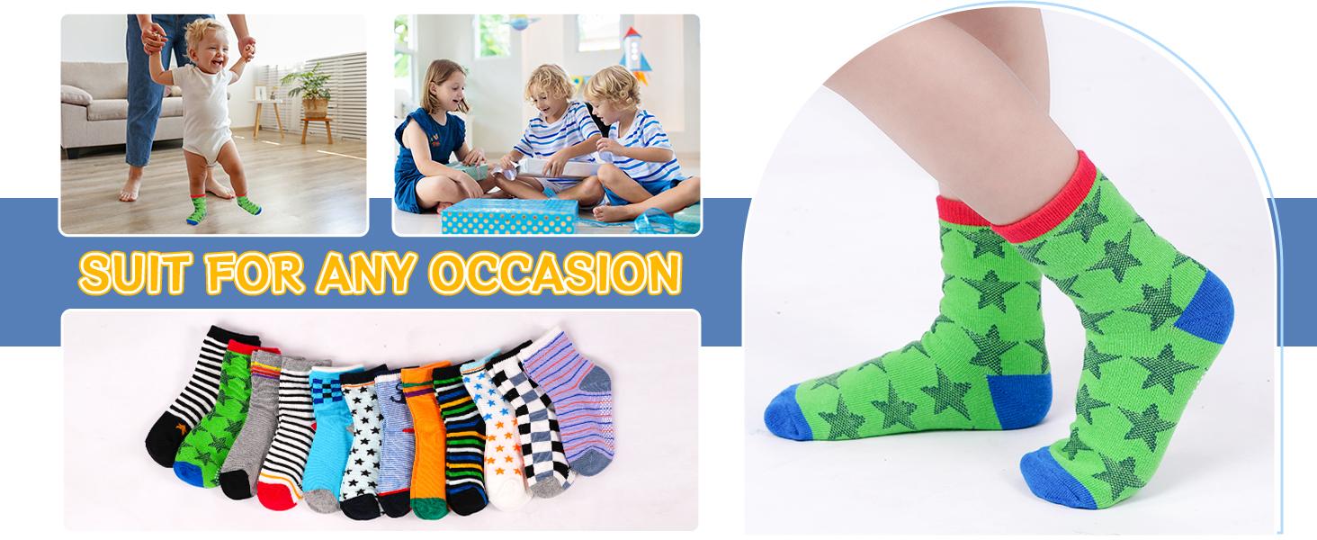 Toddler Grip Socks, 12-Pair Non-Slip Cotton Socks for Boys & Girls, Soft Anti-Skid Socks with Grippers for Ages 1-7T