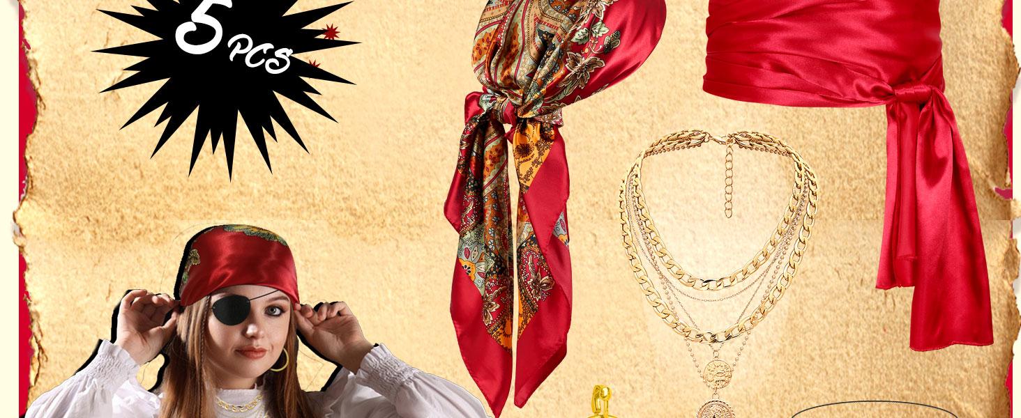 Adult Pirate Theme Plastic Costume Accessory Set - Hat, Head Scarf, Sash, Belt, Gold Dress Add-ons for Special Events