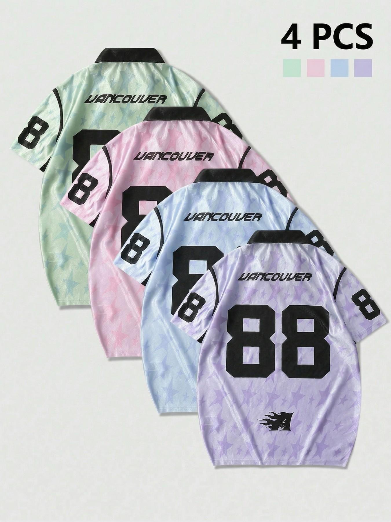 4 PCS Men's Star Print Soccer Polo Shirt Set 🎽✨ Green/Pink/Blue/Purple | "Vancouver" Graphic & Number 88 Detail | Retro Sporty Jersey Style | Lightweight Breathable Fabric | Perfect for Summer Streetwear & Casual Outings | Y2K Trend Essential