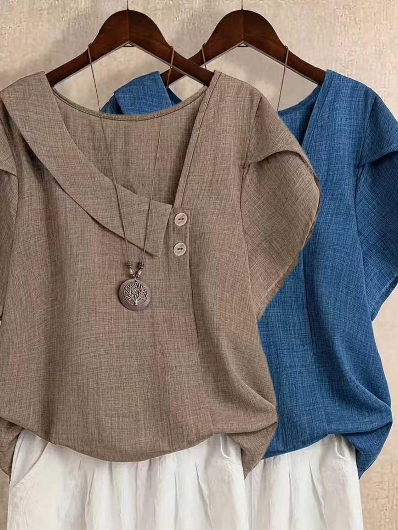 Elegant Asymmetrical Neckline Shirt Set for Women, Lightweight Short Sleeve Petal Design, Breathable Solid Color Top, Casual Elegance