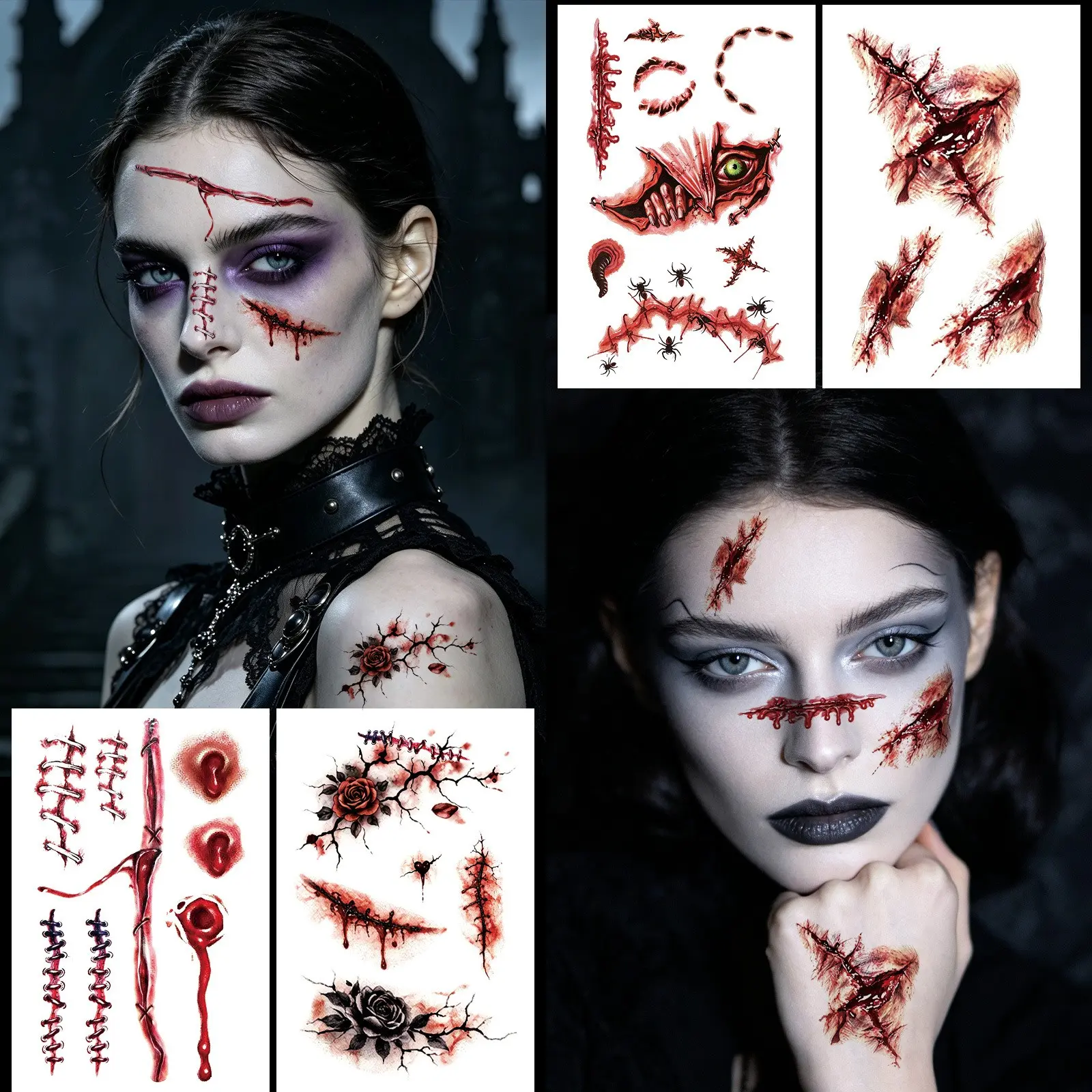 36 Halloween Scar Tattoo Stickers, Temporary Face Tattoos, Waterproof Long-Lasting, Fun Party Makeup, Clown Design, 36 Pieces