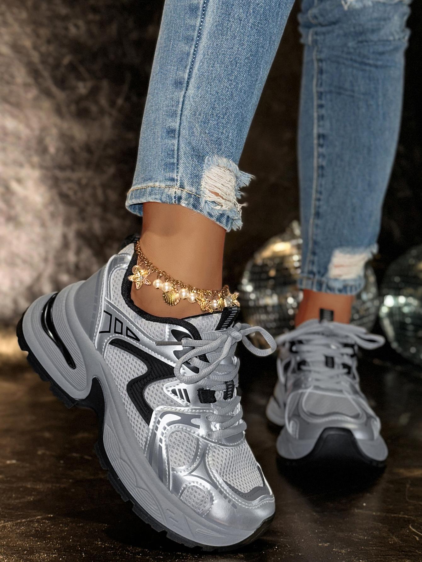 New Women's Chunky Sole Sports Shoes, Casual Dad Sneakers, Lace Up Sneakers, Athletic Shoes, Women's Fashionable Comfortable Breathable Shoes for All Seasons