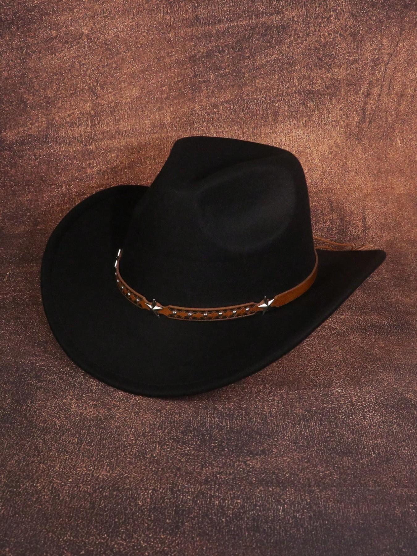 Western Cowboy Hat with Retro Star Belt, Perfect Gift for Women, Sun Protection, Polyester, Ideal for Outdoor, Casual, Stage, Birthday, Party