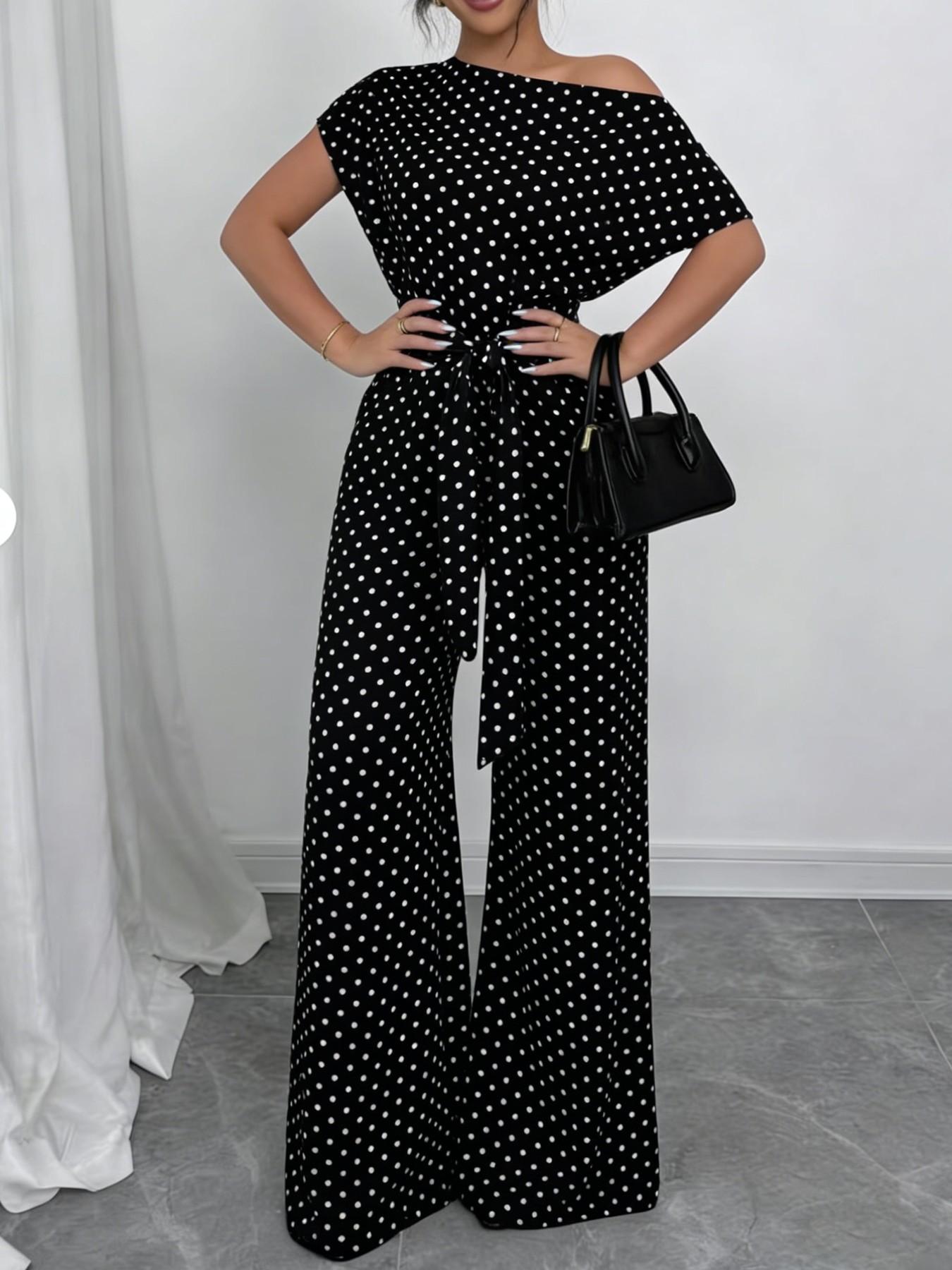 Women's Polka Dot Jumpsuit, Asymmetric One Shoulder, Short Sleeves, Waist Tie Belt, Wide Leg Full Length, Smooth Drapey Woven Fabric, Office Commute, Date Night & Party Wear, Breathable Non-Wrinkle Fabric, Elegant Retro Polka Dot Style