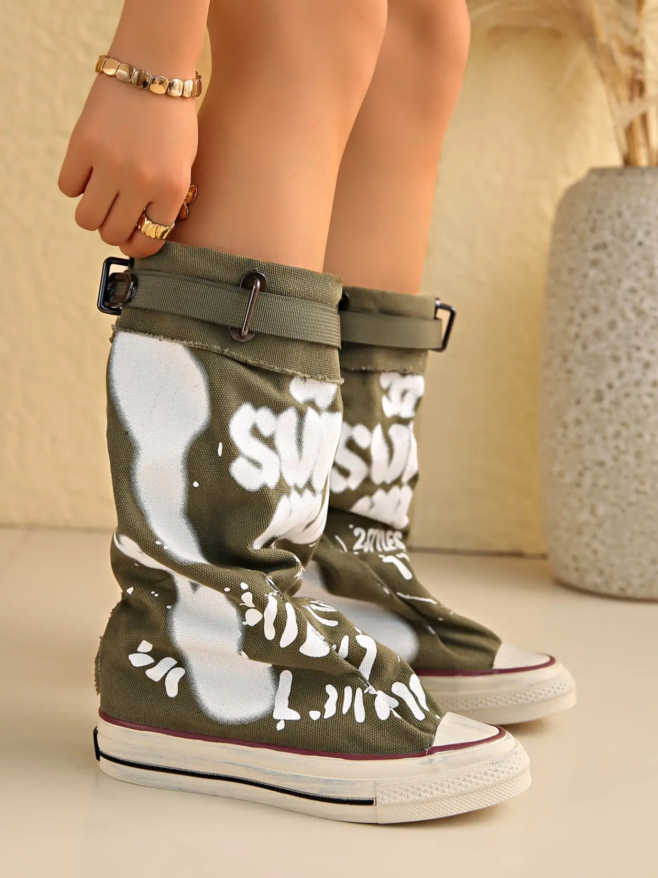 New Women's Graffiti Print Canvas Mid-Calf Boots, Modern Boot, Buckle Strap, Foldable Stackable, Fashionable Above Ankle but Below Knee Boots