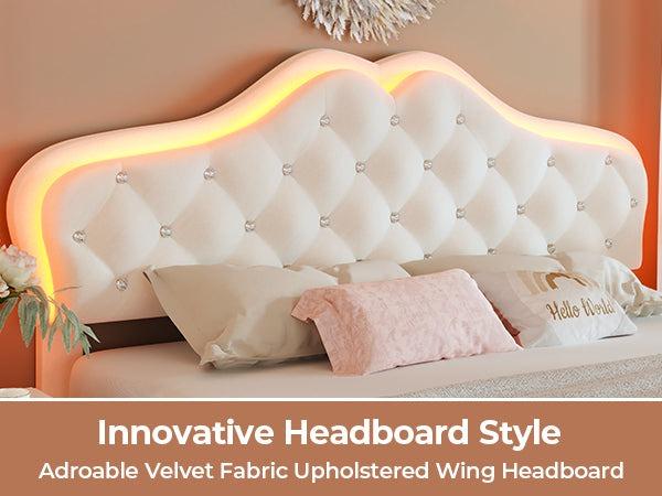 Sikaic Princess Velvet Upholstered Platform Bed Frame with Adjustable Crystal Button Headboard and RGB LED Lights Creamy White Furniture Design Home Pink
