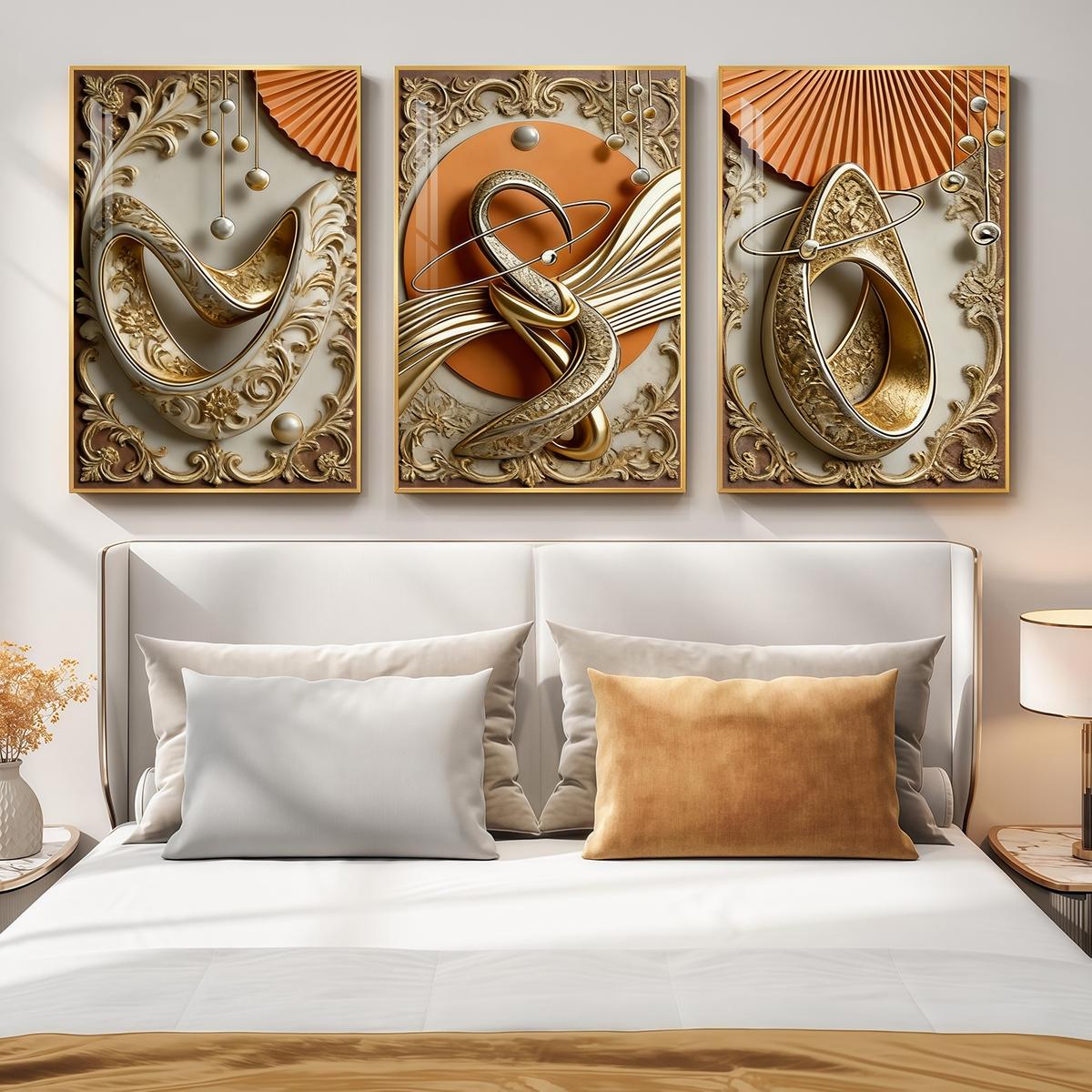 3 Counts Aluminum Alloy Framed Painting, Abstract Gold And Beige Geometric Art Pictures, Home Decoration For Living Room, Bedroom, Office, Restaurant, Hallway Wall Decor, Odorless Print Artwork, Luxury Perfect Gift For Friends And Family