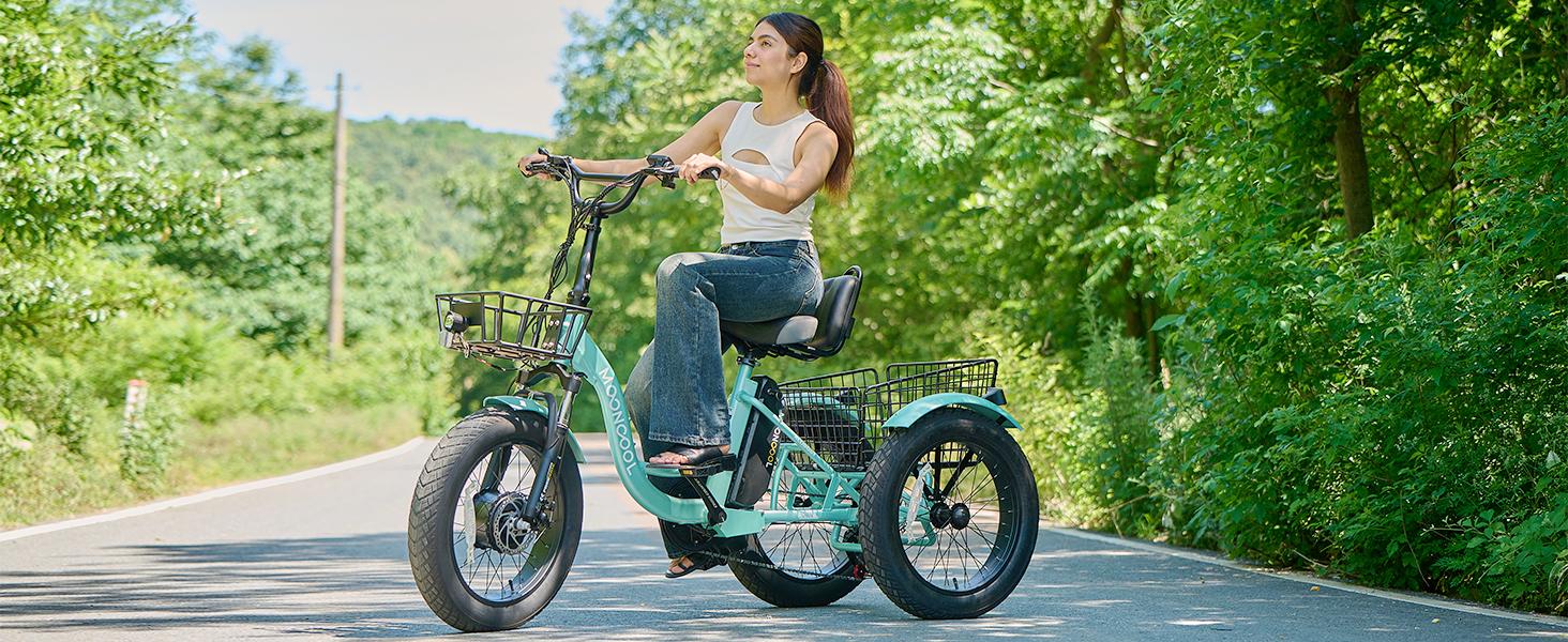 MOONCOOL Electric Tricycle for Adults, 20" x 4" Fat Tire Electric Trike, 48V 500W Motorized Electric Bicycle Bikes, 3 Wheels 7 Speed Ebike with Removable Battery, Aluminum Frame & Large Basket