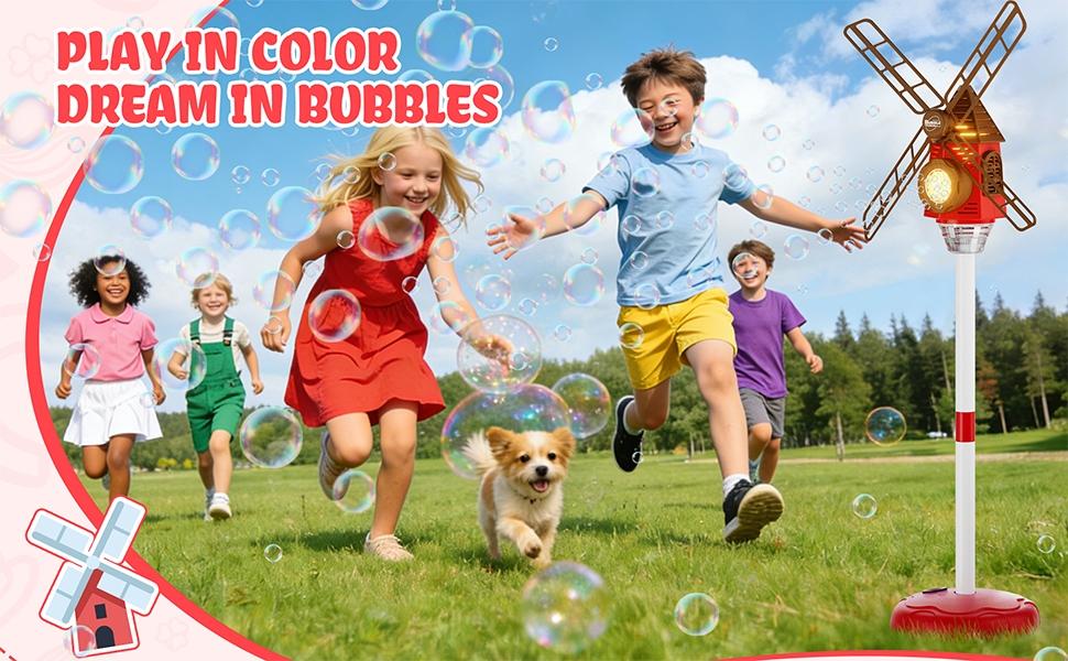 Automatic Windmill Bubble Machine, Music LED Romantic Color Lights, Adjustable Height, Includes 50ML Concentrated Bubble Liquid