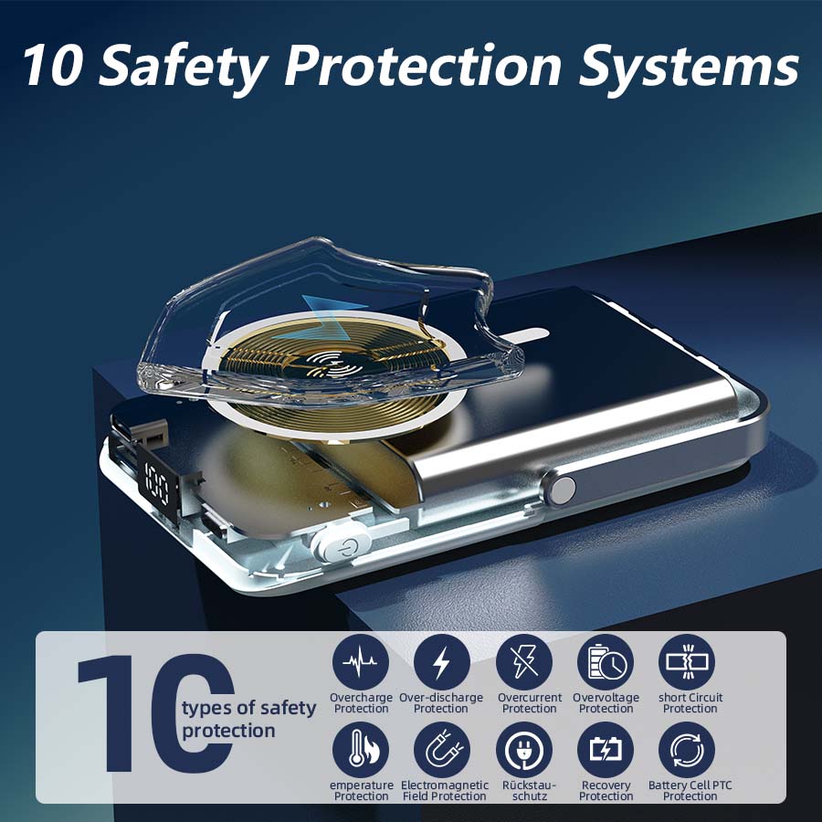 This magnetic portable charger features a built-in data cable, a 10000mAh power bank, a USB-C battery pack, and is an essential travel power bank compatible with iPhones, Android devices, and more.