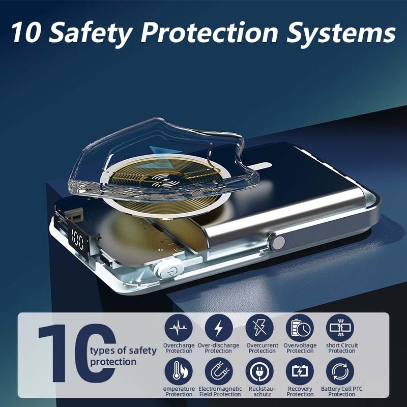 This magnetic portable charger features a built-in data cable, a 10000mAh power bank, a USB-C battery pack, and is an essential travel power bank compatible with iPhones, Android devices, and more.