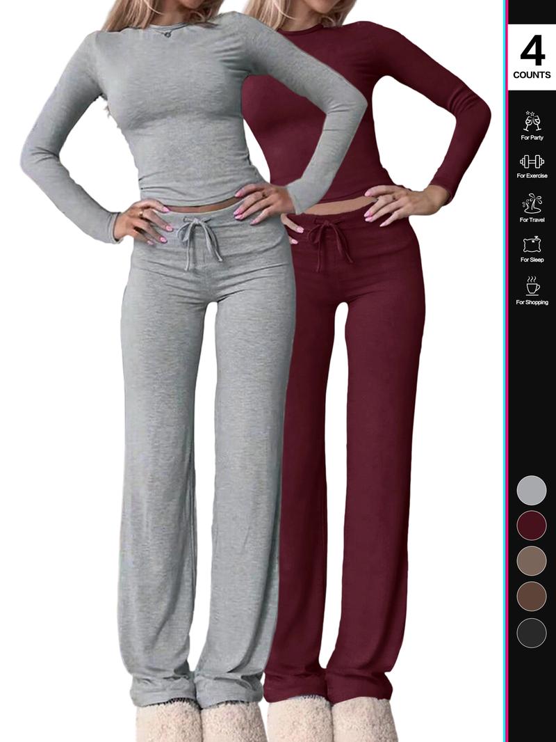 2026 Two Pieces Fall Women Clothes Y2K Sporty Casual Home Solid Color Fitted Long-Sleeved T-Shirt And Long Pants Set