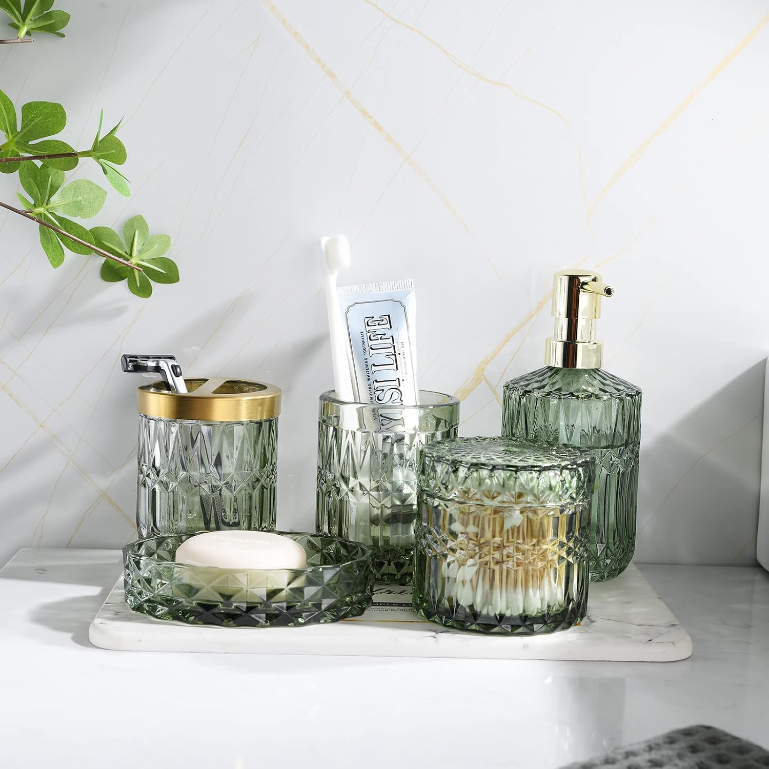 Green Bathroom Accessories Set, 6 count Clear Glass Bathroom Set, Soap Dispenser, Soap Dish, Holder, Tumbler, Q-Tips Holder for Bathroom Decor, Set Green Bathroom Accessories Set, 6 count Clear Glass Bathroom Set, Soap Dispenser, Soap Dish, Holder, Tumbler, Q-Tips Holder for Bathroom Decor, Set