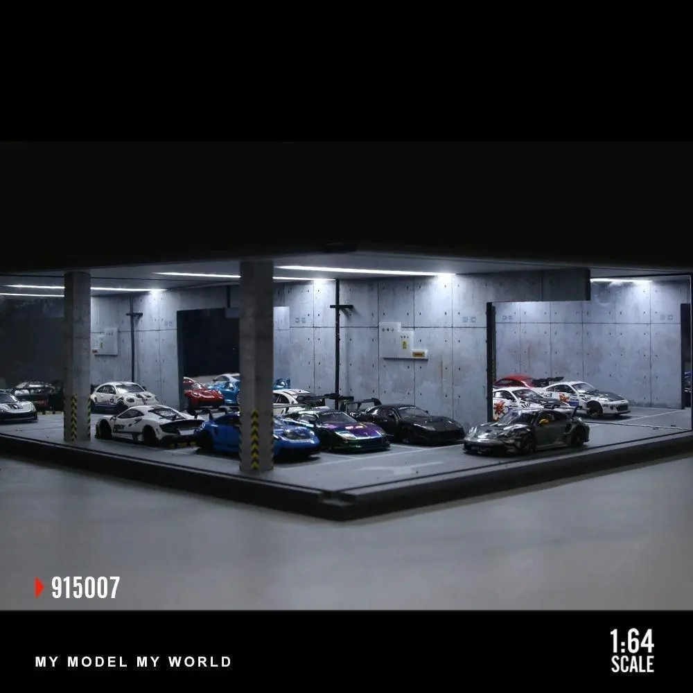 Diorama 1/64 Scale Diecast Car Garage Model LED Lighting Underground Parking Lot Scene Building Display Case Showcase | Showroom Model Type-C Charging Dustproof Display Box for 1/64 Model Car for Car Lovers