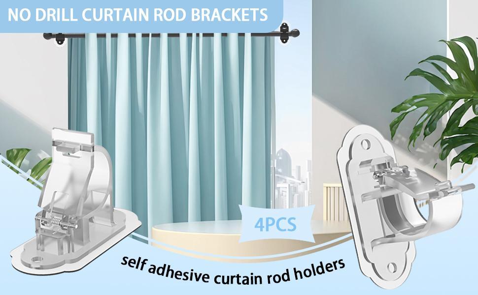 4 Pack Adhesive Curtain Rod Holders, No Drilling Curtain Rod Brackets, Renter Friendly Curtain Hanger, Fits 0.5'' to 1.2'' Rods, Heavy Duty Curtain Rod Hooks for Apartment Bathroom Dorm Kitchen