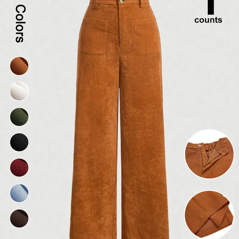 Women's Plain Pocket Button Front Wide Leg Pants, Casual High Waist Trousers for Daily Wear, Ladies Bottoms for All Seasons, Baggy Pants