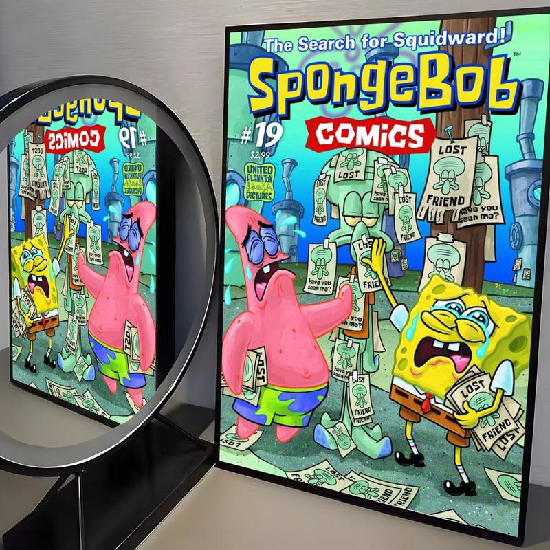 Cartoon S-SpongeBob S-SquarePants Poster Waterproof HD Wall Sticker | Self-Adhesive Decorative Art Poster | Fade-Resistant Scratch-Proof for Long-Term Use | Easy to Apply and Clean | for Home Office Bedroom Living Room Kitchen Decor | Gift Idea