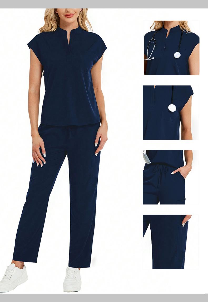 Cimmuovere Women's Solid Notched Neck Batwing Sleeve Top & Drawstring Waist Pants Two-Piece Scrub Set, Casual Cap Sleeve Top & Pocket Trousers for Summer, Women's Uniforms for Work, Medical Scrub Sets, Hospital Working Scrubs, Workwear